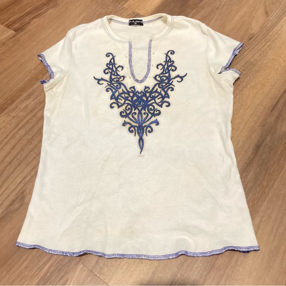 Vintage Y2K Tribal Lace-up Baby Tee w/ Tribal detail Surfer Beachy Sz Med